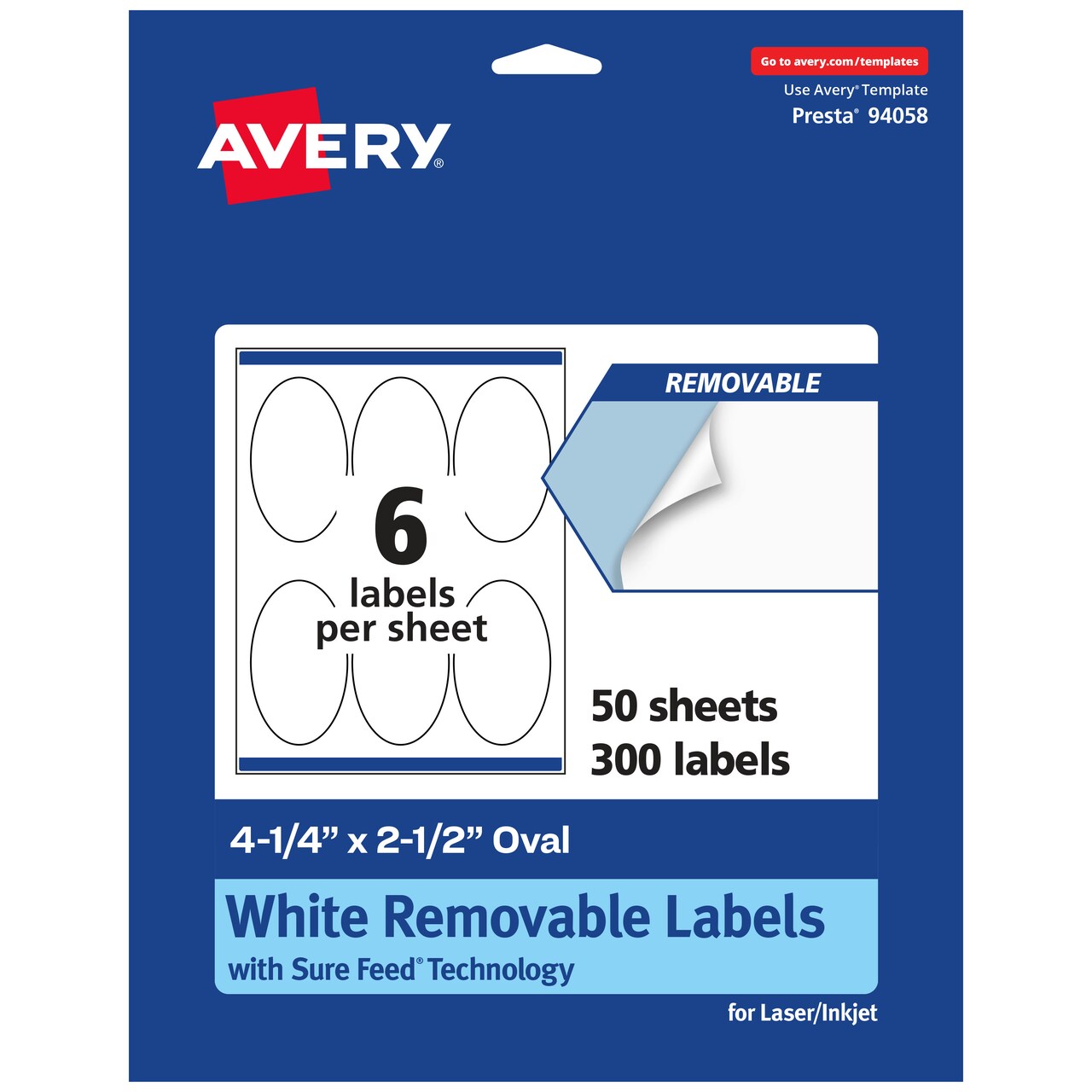 Avery Matte White Removable Oval Labels with Sure Feed Technology, 4.25" x 2.5"